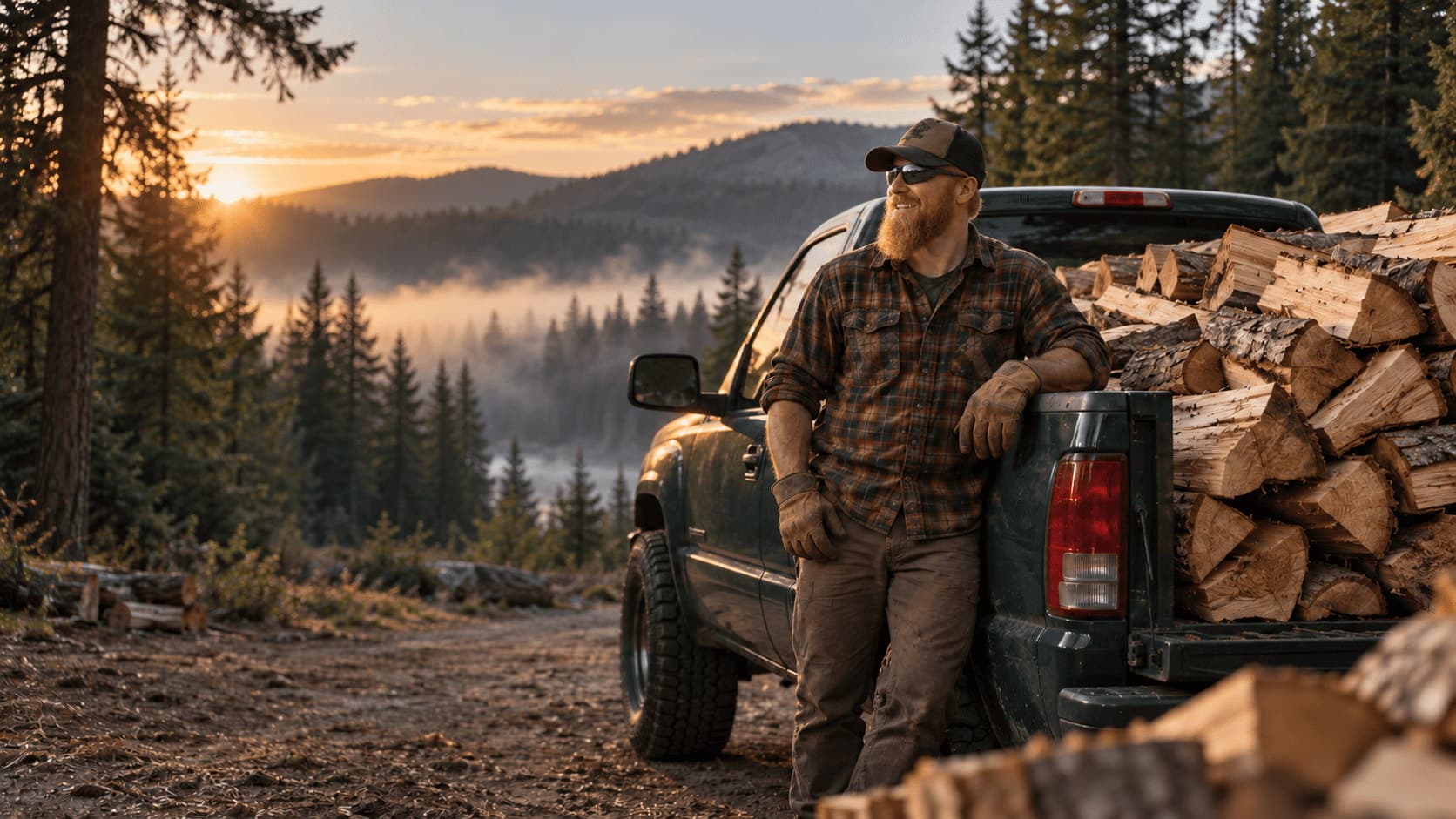 Mountain Man Firewoods crew member in a plaid shirt leaning on a pickup truck loaded with split oak firewood at sunrise in the mountains